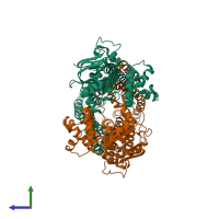 PDB entry 3qf4 coloured by chain, side view.