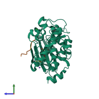 PDB entry 3qf9 coloured by chain, side view.