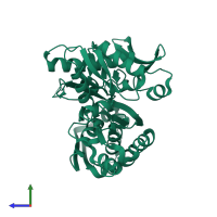 PDB entry 3qfp coloured by chain, side view.