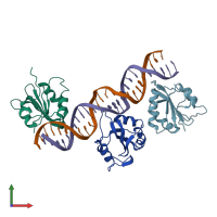 PDB entry 3qfq coloured by chain, front view.