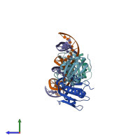 PDB entry 3qfq coloured by chain, side view.