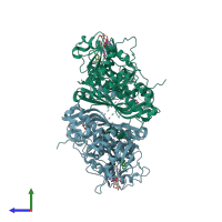 PDB entry 3qg2 coloured by chain, side view.