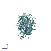 PDB entry 3qgj coloured by chain, side view.