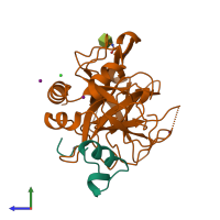 PDB entry 3qgn coloured by chain, side view.