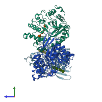 PDB entry 3qhn coloured by chain, side view.