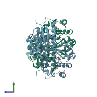 PDB entry 3qi7 coloured by chain, side view.
