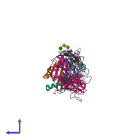 PDB entry 3qib coloured by chain, side view.