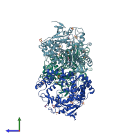 PDB entry 3qid coloured by chain, side view.