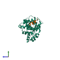 PDB entry 3qis coloured by chain, side view.