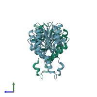 PDB entry 3qiv coloured by chain, side view.