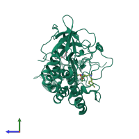 PDB entry 3qiz coloured by chain, side view.