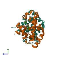 PDB entry 3qjc coloured by chain, side view.