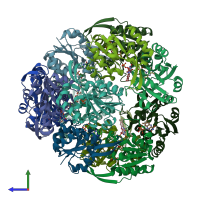 PDB entry 3qjg coloured by chain, side view.