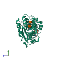 PDB entry 3qji coloured by chain, side view.