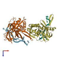 PDB entry 3qjj coloured by chain, top view.