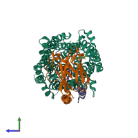 PDB entry 3qjq coloured by chain, side view.