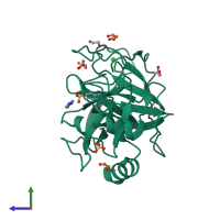 PDB entry 3qk1 coloured by chain, side view.