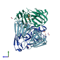 PDB entry 3qk3 coloured by chain, side view.