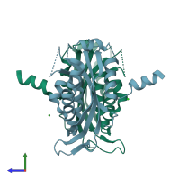 PDB entry 3qk9 coloured by chain, side view.