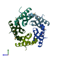 PDB entry 3qkb coloured by chain, side view.