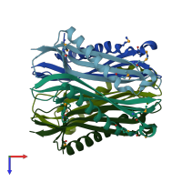 PDB entry 3qkb coloured by chain, top view.