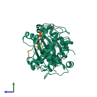 PDB entry 3qkl coloured by chain, side view.