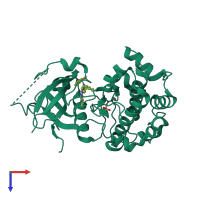 PDB entry 3qkm coloured by chain, top view.