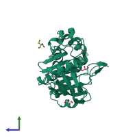 PDB entry 3qkp coloured by chain, side view.