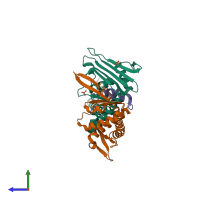 PDB entry 3qkr coloured by chain, side view.