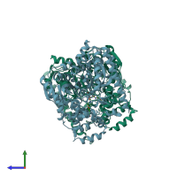 PDB entry 3qkv coloured by chain, side view.