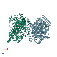 PDB entry 3qkv coloured by chain, top view.