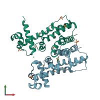 PDB entry 3qkx coloured by chain, front view.