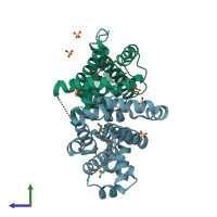 PDB entry 3qkx coloured by chain, side view.