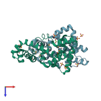 PDB entry 3qkx coloured by chain, top view.