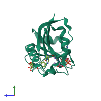 PDB entry 3ql3 coloured by chain, side view.