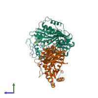 PDB entry 3qlh coloured by chain, side view.