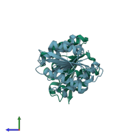 PDB entry 3qmm coloured by chain, side view.