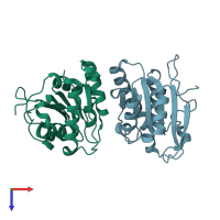 PDB entry 3qmm coloured by chain, top view.