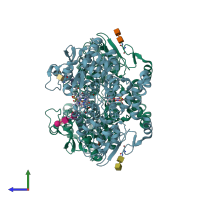 PDB entry 3qmo coloured by chain, side view.