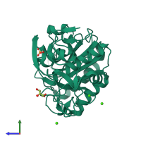 PDB entry 3qmp coloured by chain, side view.