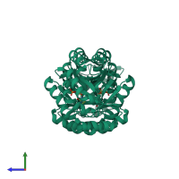 Homo dimeric assembly 1 of PDB entry 3qmr coloured by chemically distinct molecules, side view.