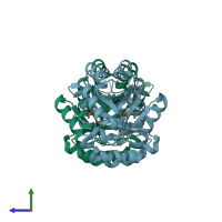 PDB entry 3qmr coloured by chain, side view.