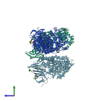 PDB entry 3qnf coloured by chain, side view.