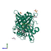 PDB entry 3qns coloured by chain, side view.