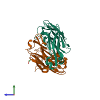 PDB entry 3qo1 coloured by chain, side view.