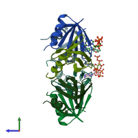 PDB entry 3qo3 coloured by chain, side view.
