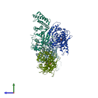 PDB entry 3qof coloured by chain, side view.