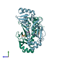 PDB entry 3qop coloured by chain, side view.