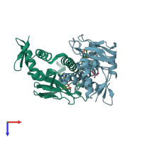 PDB entry 3qop coloured by chain, top view.