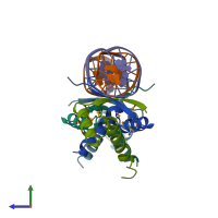 PDB entry 3qoq coloured by chain, side view.